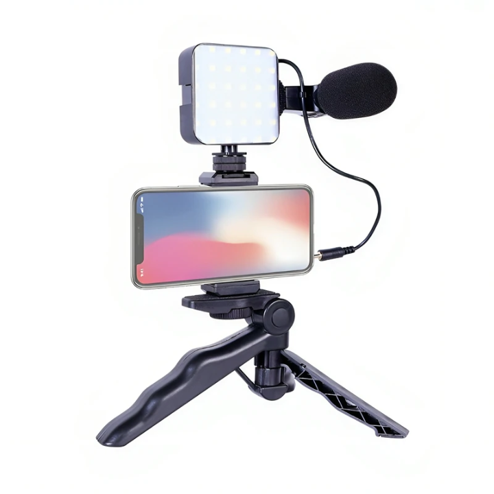 Kit de Vlogging Multifonction 3-en-1 [Trépied + Micro Directionnel + Lumière LED]